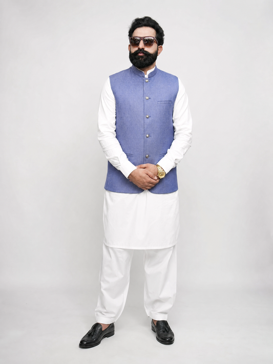 Steel Blue Textured Nehru Collar Waistcoat for Men | Premium Formal Pakistani Vest – DW-18