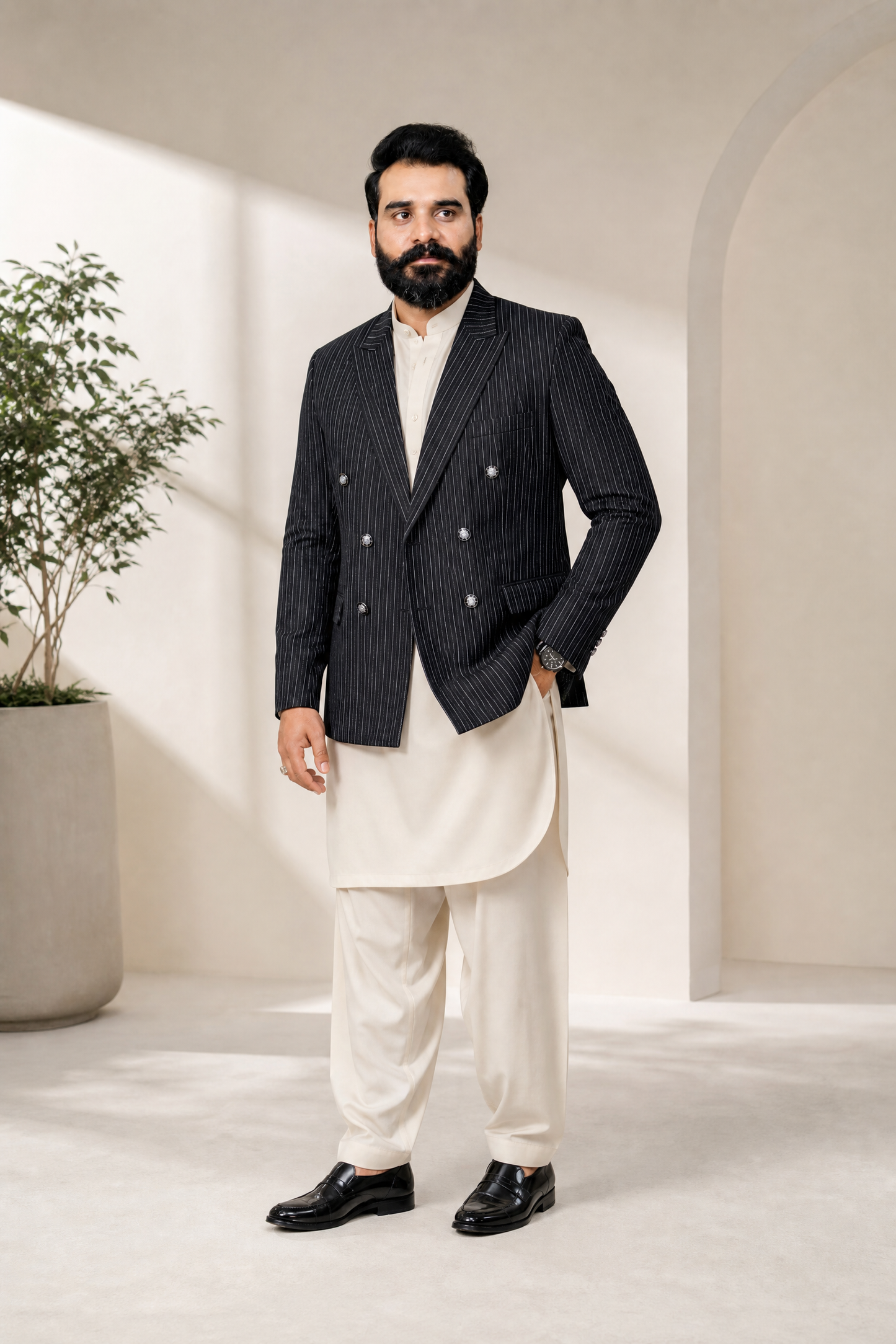 Donior Jeans Double Press Coat – Black Pinstripe Premium Suiting Blazer | DDC-100