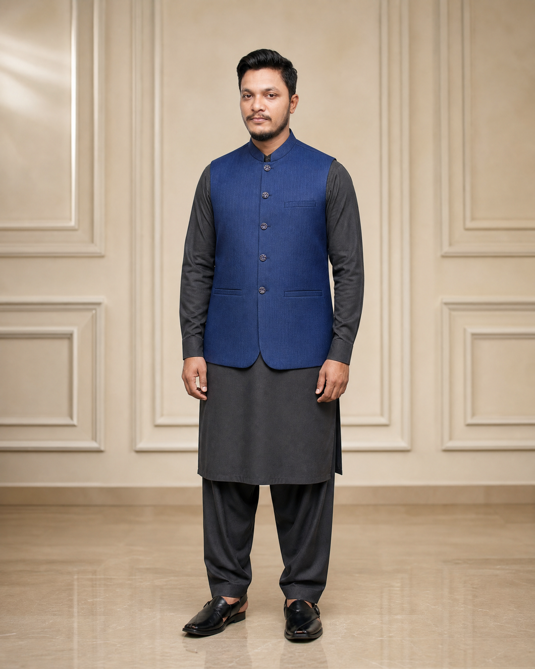 Navy Blue Textured Waistcoat | Premium Ethnic Formal Wear | Mandarin Collar | DW-22