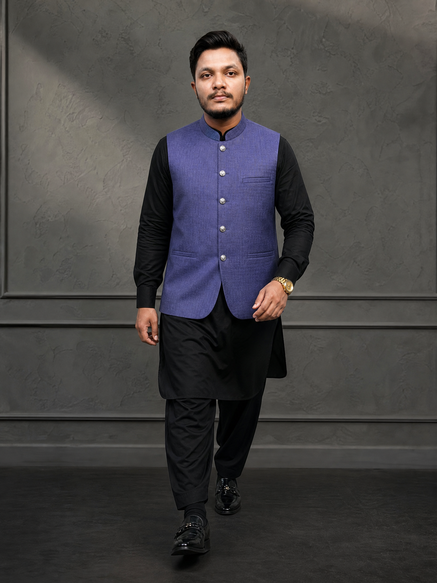 Royal Blue Textured Nehru Collar Waistcoat for Men | Premium Formal waistcoat – DW-16