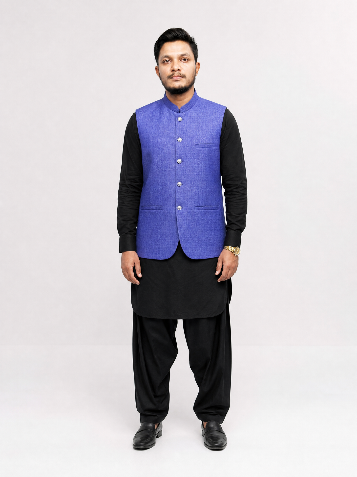 Royal Blue Textured Nehru Collar Waistcoat for Men | Premium Formal waistcoat – DW-16