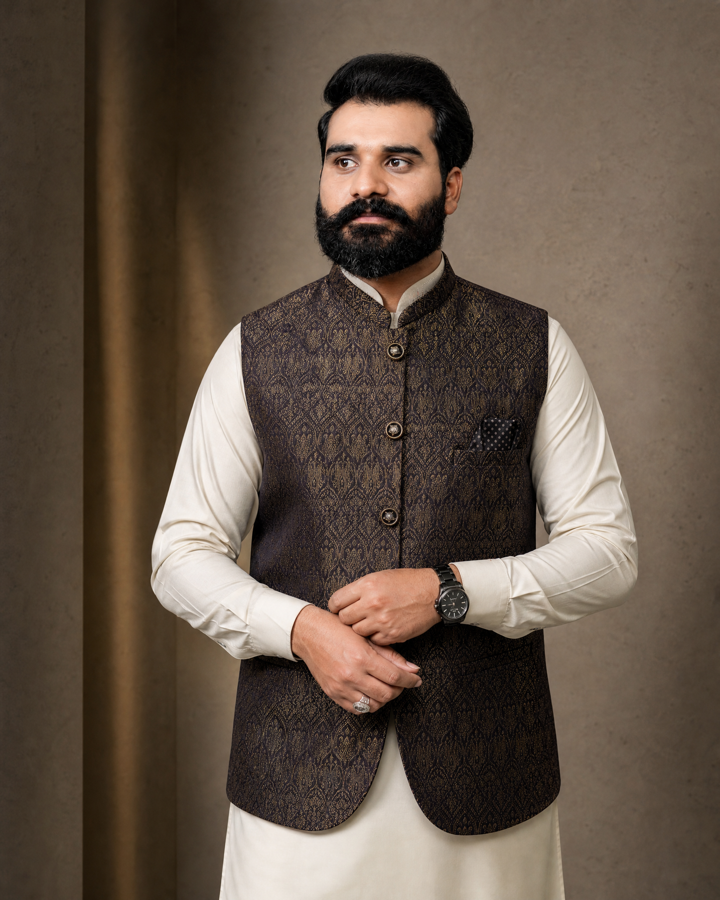 Navy Gold Brocade Waistcoat | Luxury Ethnic Vest | Ornate Pattern | DW-21