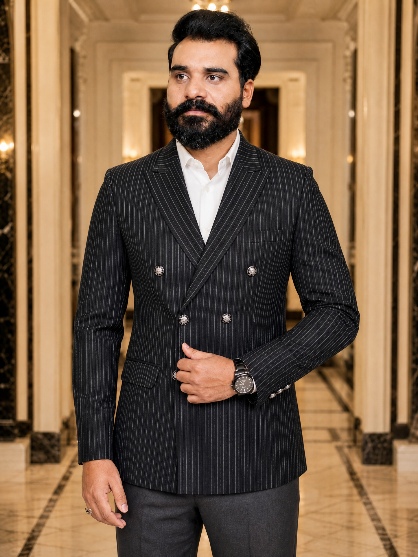 Donior Jeans Double Press Coat – Black Pinstripe Premium Suiting Blazer | DDC-100
