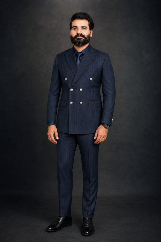 Navy Blue Pinstripe Double Breasted Coat Pant Suit for Men | 2-Piece Formal Double Press Suit – DDP-1000