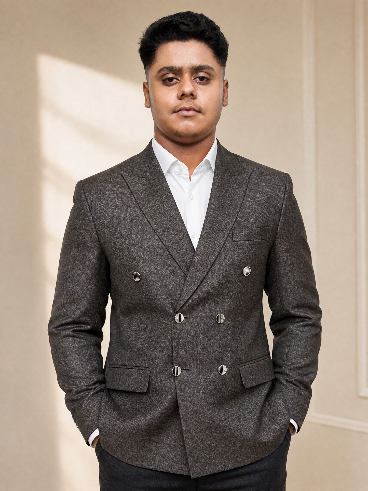 Donior Jeans Double Press Coat – Olive Brown Textured Premium Suiting Blazer | DDC-106