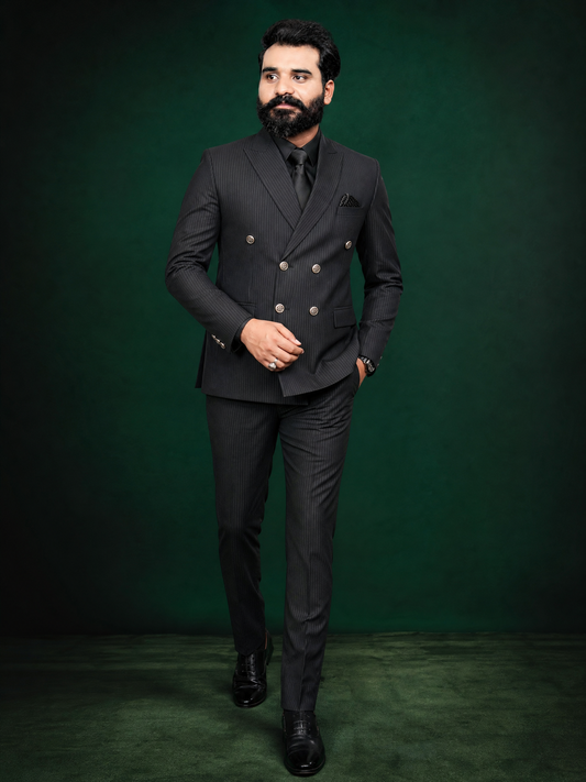Black Pinstripe Double Breasted Coat Pant Suit for Men | 2-Piece Formal Double Press Suit – DDP-996