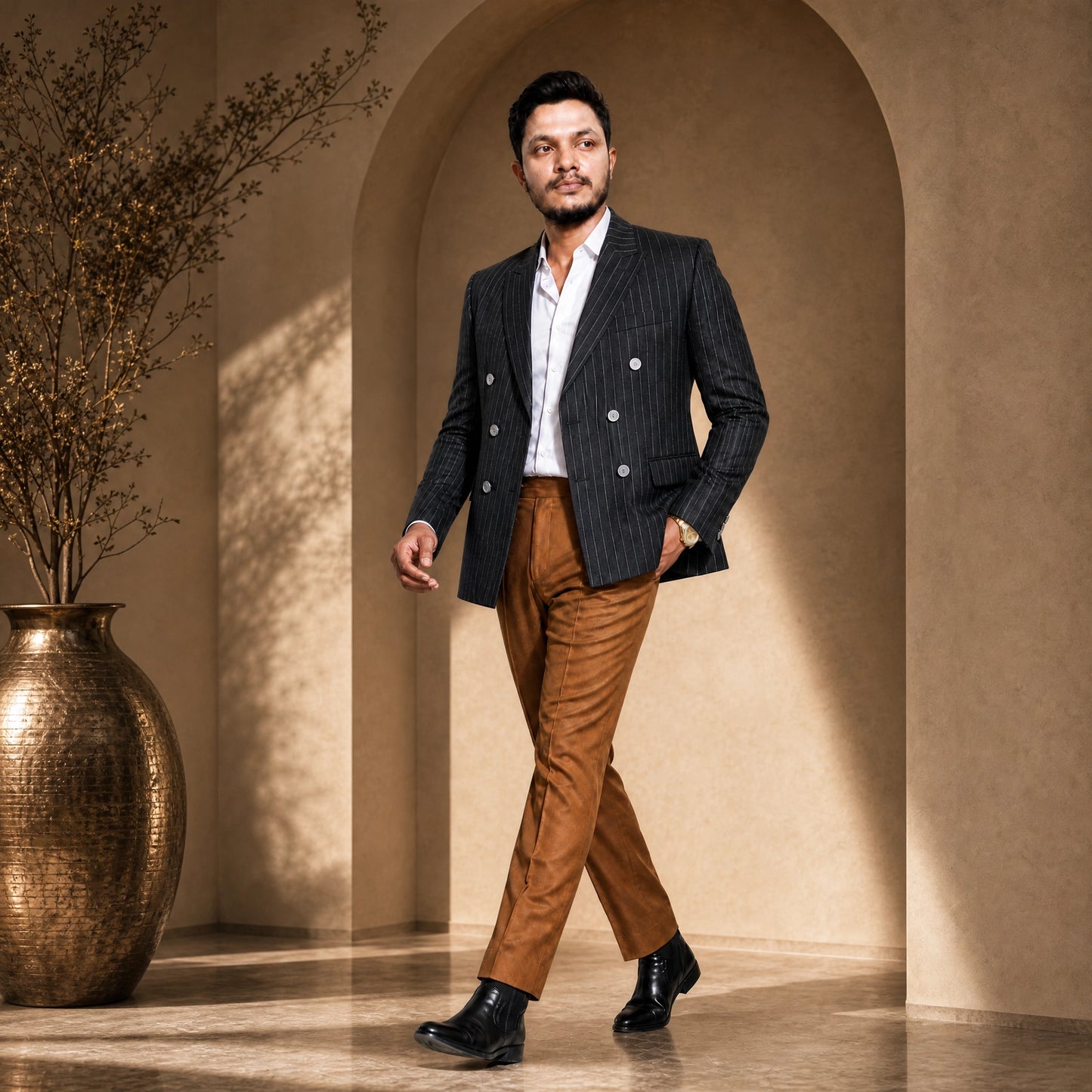 Donior Jeans Double Press Coat – Grey Pinstripe Premium Suiting Blazer |DDC-102