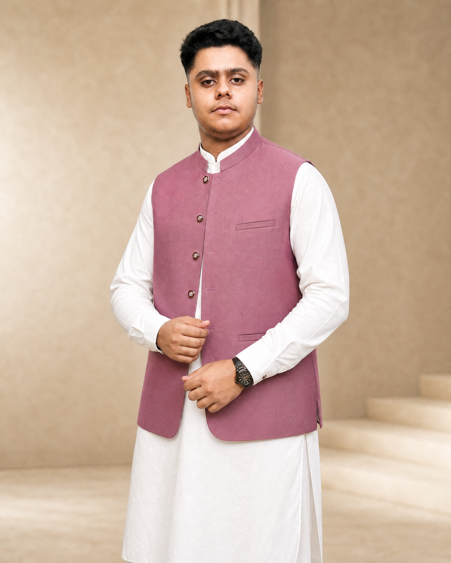 Dusty Rose mehroon Waistcoat | Premium Ethnic Formal Wear | Mandarin Collar | DW-24
