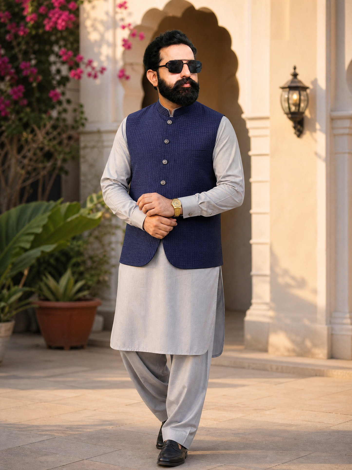 Navy Blue Textured Front Back Fused Collar Waistcoat for Men | Premium waistcoat – DW-15